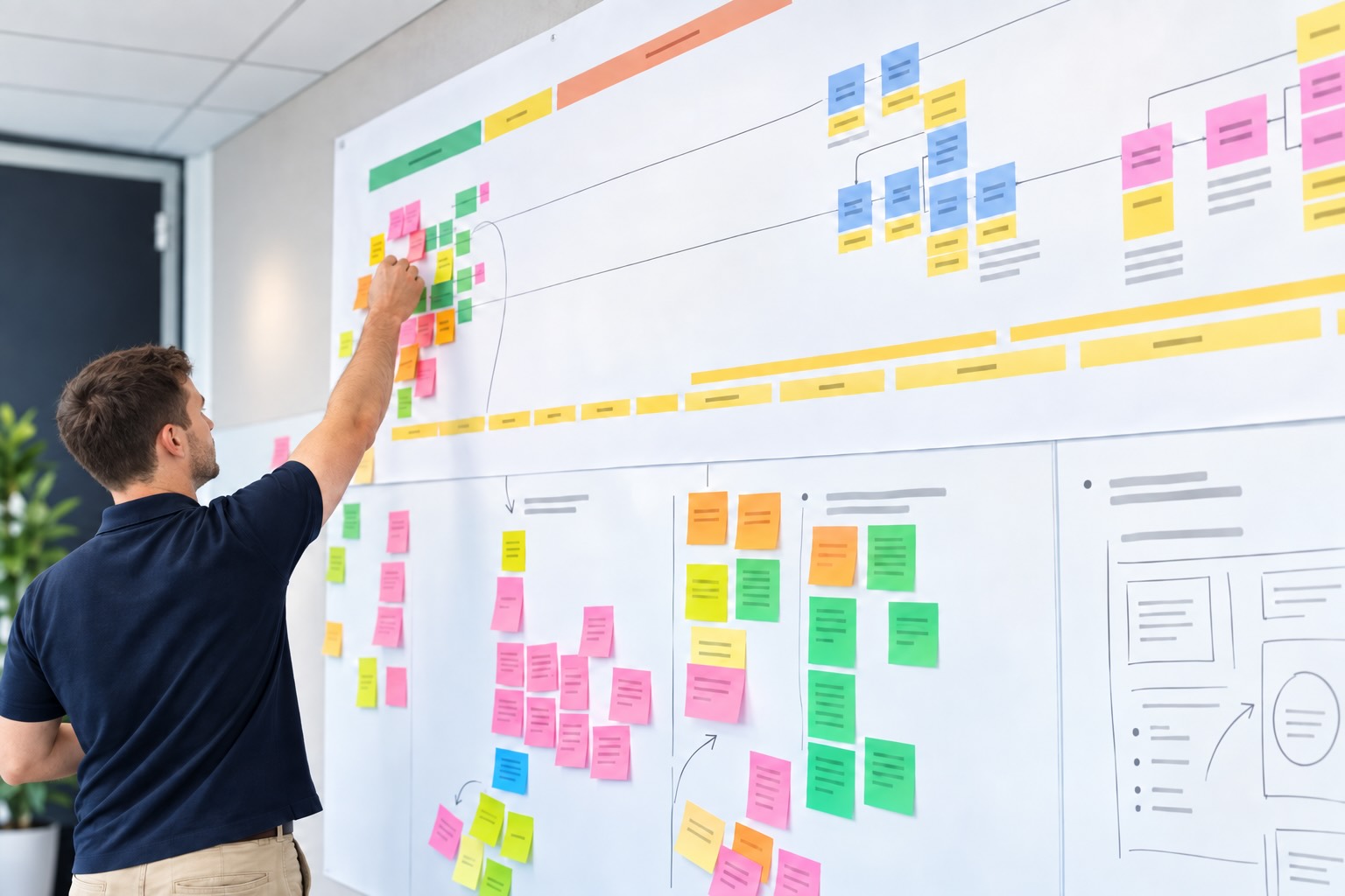Illustrative current-state journey mapping workshop showing a facilitator mapping stages, handovers and pain points across a development lifecycle.