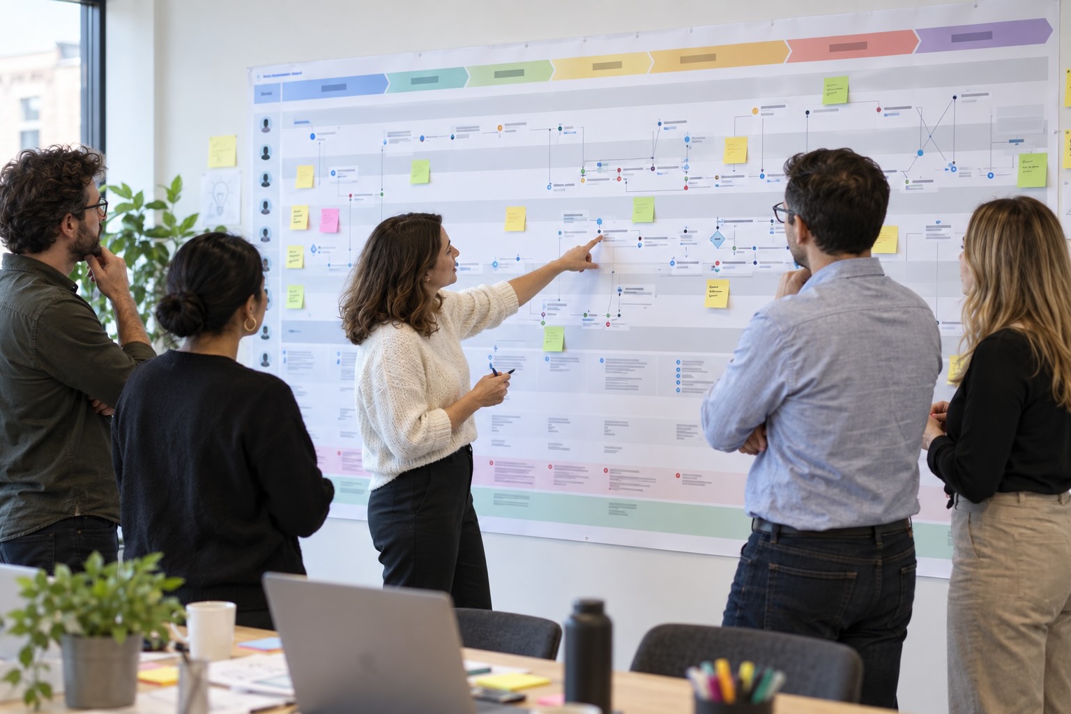 Illustrative cross-functional workshop reviewing a detailed current-state service map across teams, processes and systems.